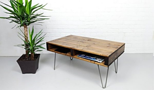 Pallet Coffee Table, finished in Walnut with 12″ Industrial Hairpin Legs | Modern Rustic Reclaimed Furniture